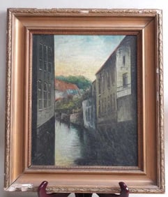 OIL ON BOARD PAINTING OF A CANAL CITY SCENE