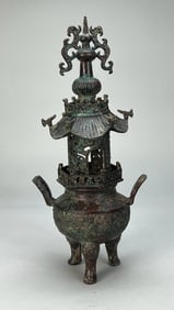 CHINESE BRONZE TRIPOD CENSER WITH PAGODA