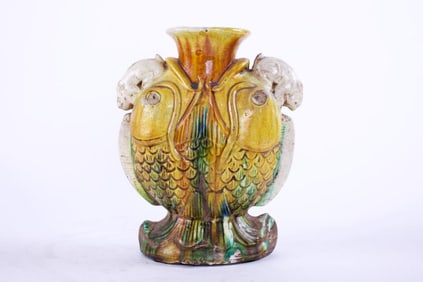 ANTIQUE CHINESE DOUBLE FISHED POTTERY VASE