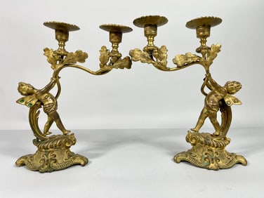 PAIR OF GILT BRONZE CANDLELABRA WITH CHERUBS