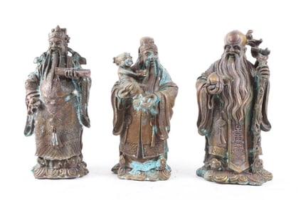 SET OF THREE CHINESE BRONZE FIGURES OF FU LU SHOU