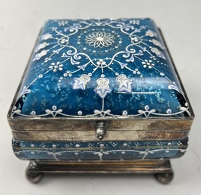 LIGHT BLUE GLASS & SILVER-PLATED JEWELRY BOX