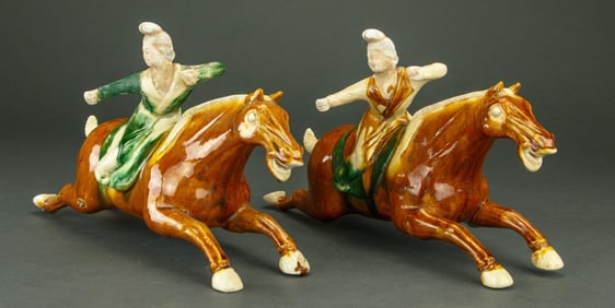 PAIR OF ANTIQUE CHINESE SANCAI POTTERY EQUESTRIANS