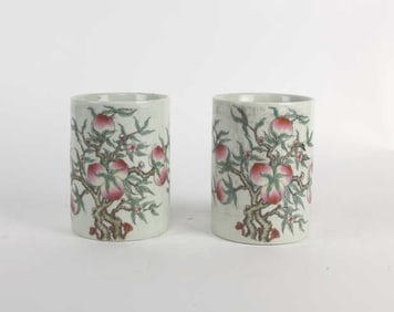 SET OF TWO CHINESE FAMILLE ROSE BRUSH POTS