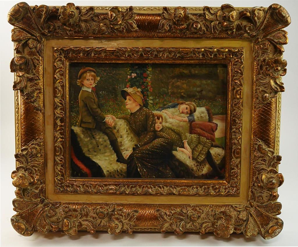 PAINTING OF A MOTHER WITH HER THREE YOUNG CHILDREN: Beautifully framed, depicts a noble boy playing golf. Not signed. Painting Only: 7 1/2 in. H: 9 1/2 in. With Frame: L: 18 1/2 in. H: 21 in.