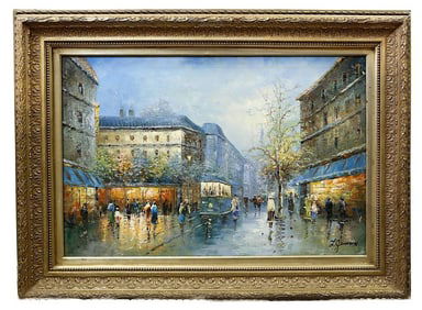 OIL ON CANVAS PAINTING OF A RAINY FRENCH CITY