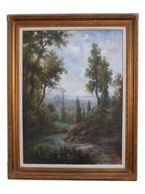 OIL ON CANVAS PAINTING OF A FLOWING CREEK