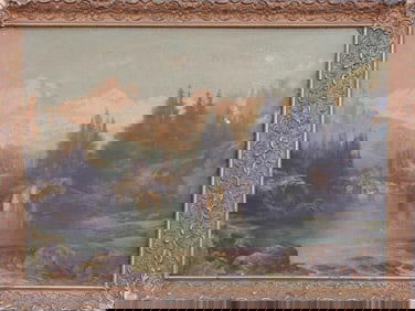 FRAMED PAINTING OF A LAKE SCENE
