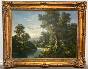 FRAMED OIL PAINTING ON CANVAS, OF A FOREST SCENE