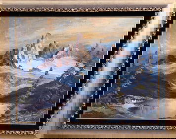 FRAMED OIL PAINTING OF MOUNTAINS