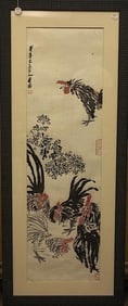 CHINESE FRAMED PAINTING OF ROOSTERS