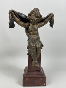 BRONZE AND WOODEN FIGURE OF A SMALL GIRL