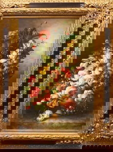 FRAMED OIL ON CANVAS STILL LIFE PAINTING: Beautifully framed. An oil on canvas painting that depicts blossoming flowers in vibrant colors. Signed on bottom left which is illegible. H: 36 in. L: 24 in.