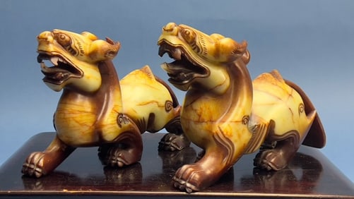 PAIR OF STONE FIGURES OF FOO DOGS