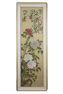 PAINTING ON SILK IN GLASS FRAME: Part of the private collection of Harry Lawrence of Laguna Beach. L: 56 3/4 in. (144cm) x W: 16 in. (40.5cm)