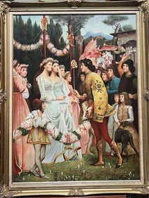 FRAMED OIL ON CANVAS PAINTING, OF A WEDDING SCENE