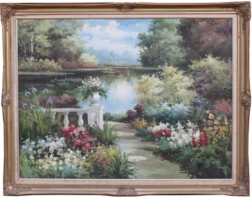 FRAMED OIL PAINTING OF A GARDEN PATH
