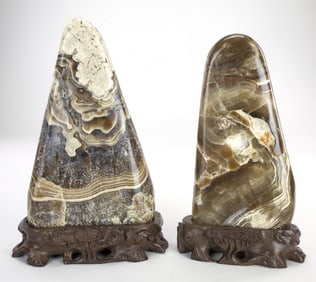 PAIR OF CHINESE YUHUA STONES WITH WOODEN STANDS