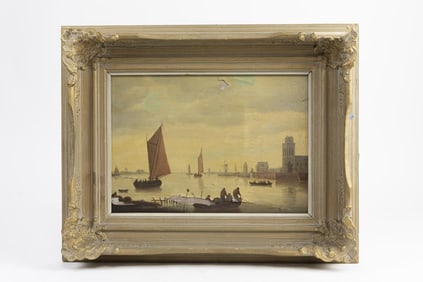 PAINTING OF BOATS SAILING NEAR PORT (DAMAGED)