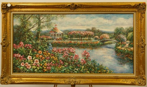 FRAMED OIL ON CANVAS PAINTING OF A GARDEN