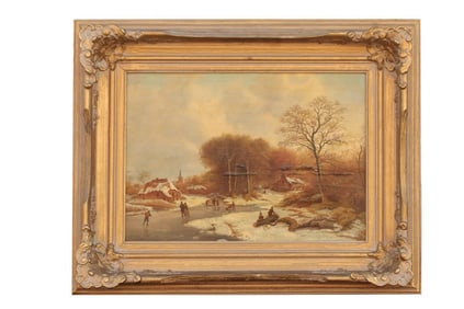 FRAMED DUTCH PAINTING OF A WINTER CITY SCENE