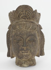 14TH C. CHINESE CARVED STONE GUANYIN HEAD