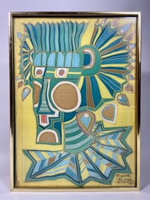 FRAMED PRINT ON SILK OF A TRIBAL PERSON, SIGNED