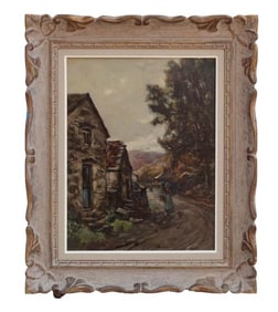 FRAMED OIL ON BOARD PAINTING OF A GIRL IN VILLAGE