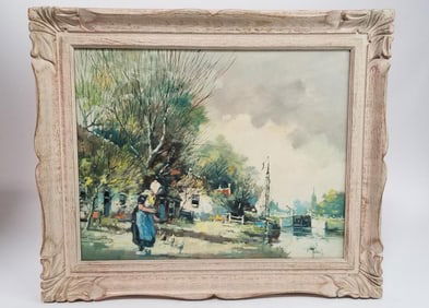 FRAMED PAINTING OF A RURAL CITY SCENE
