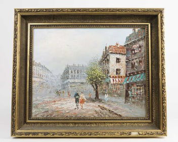 OIL ON CANVAS PAINTING OF A CITY STREET SCENE