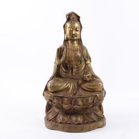 ANTIQUE CHINESE BRONZE STATUE OF A SEATED GUANYIN