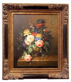 OIL ON CANVAS PAINTING OF BLOSSOMING FLOWERS