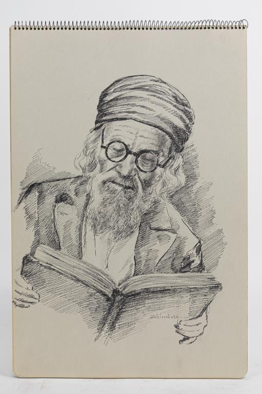 DRAWING OF AN OLD MAN BY SHLOSSBERG: A drawing on paper of an old men with glasses and turban reading. Signed to read Shlossberg. L: 12 in. H: 18 1/2 in.