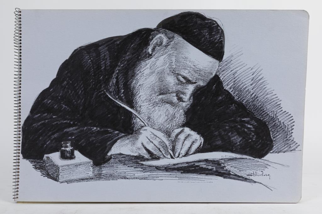 DRAWING OF AN OLD MAN BY SHLOSSBERG: A drawing of an old man writing. Signed to read Shlossberg. L: 18 1/2 in. H: 12 in.