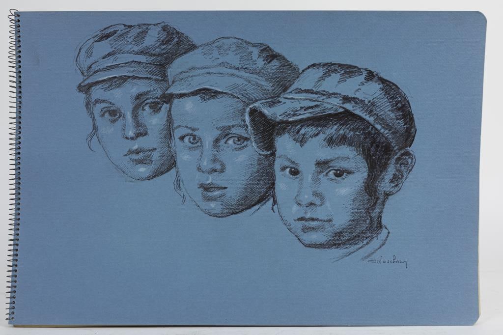 DRAWING OF THREE CHILDREN BY SHLOSSBERG: A drawing on paper of three children who are all wearing hats. Signed on lower right to read Shlossberg. L: 18 1/2 in. H: 12 in.