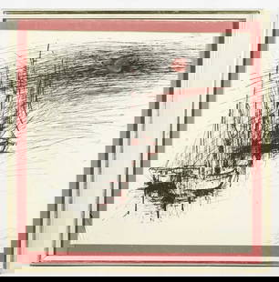 FRAMED MODERN DRAWING OF SHIPS: Framed, a drawing on paper that depicts two ships sailing off in to the sunset. Signature on bottom right which is illegible. H: 20 in. L: 20 in.