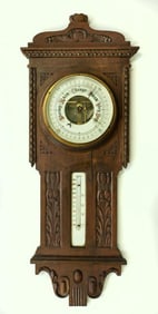 HAND CARVED WOOD BAROMETER THERMOMETER