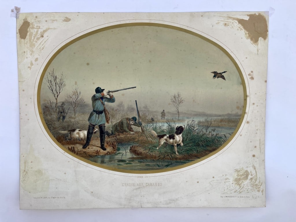 VINAGE FRENCH PRINT ON PAPER, CHASSE AUX CANARDS: Depicts a duck hunting scene.