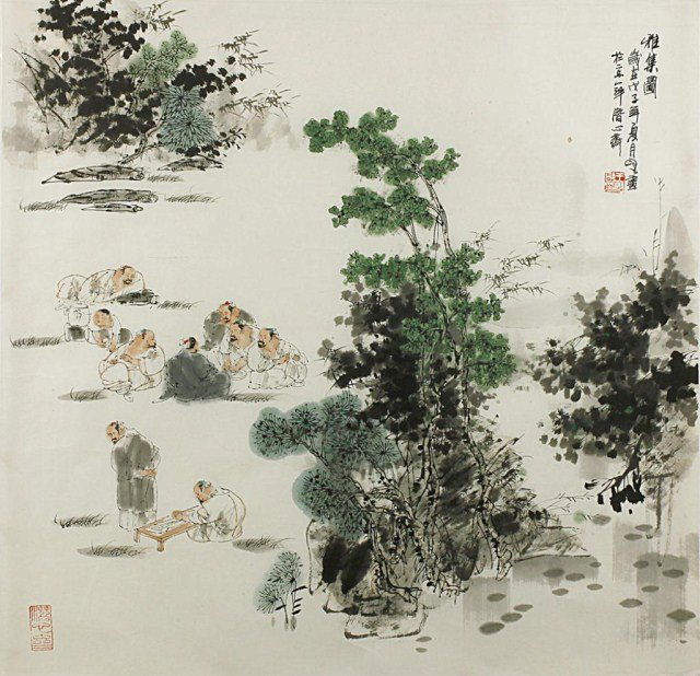 CHINESE FRAMED PAINTING OF RELAXING PEOPLE: Signature to read Wang Ming Ming. H: 27 in. x W: 27 in.