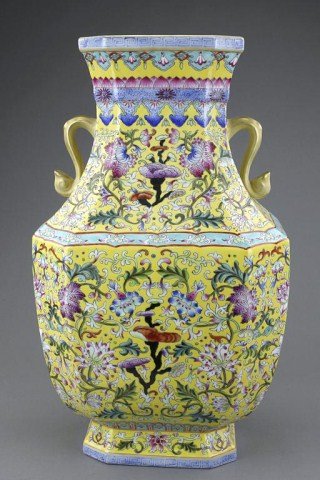 CHINESE IMPERIAL YELLOW BACKGROUND SQUARE VASE: with ruyi scepter handles to the sides. H: 17 7/8 in.