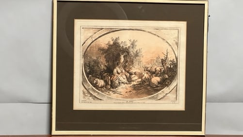FRENCH PRINT OF A GIRL WITH SHEEPS "LE MIDI"