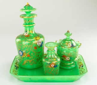 FOUR-PIECE GREEN BOHEMIAN GLASS SET