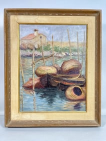 FRAMED OIL ON CANVAS PAINTING OF A RURAL BOAT DOCK