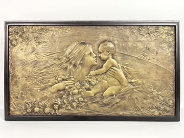 FRAMED CAST BRONZE PLAQUE OF A MOTHER AND CHILD