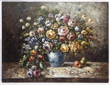 STILL OIL PAINTING, OF BOUNTIFUL FLOWERS IN A VASE