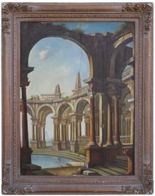 OIL ON CANVAS PAINTING OF CLASSICAL RUINS