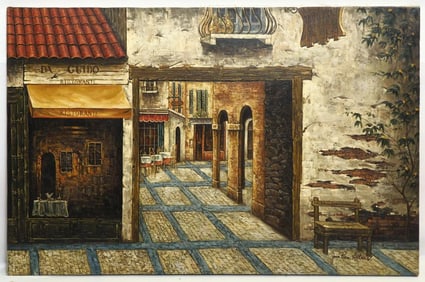 OIL ON CANVAS PAINTING OF FRENCH SHOPS