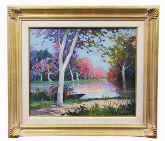 OIL ON CANVAS PAINTING OF CALM RIVER WITH TREES