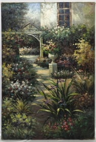 PAINTING OF FLOURISHING GARDEN, OIL ON CANVAS