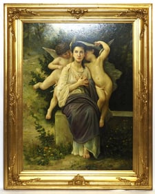 FRAMED OIL PAINTING OF A WOMAN AND TWO CHERUBS